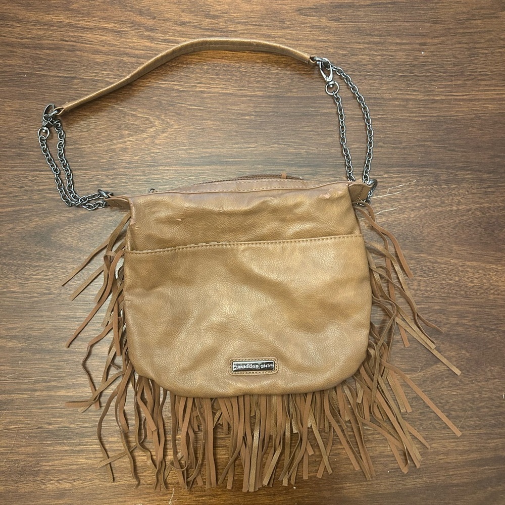 Madden Girl Tan Fringe Crossbody with Chain Strap